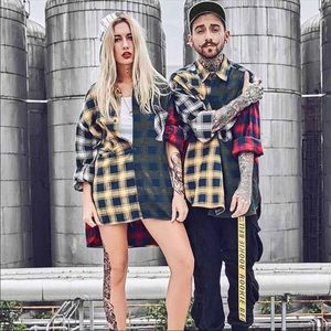 Unisex Plaid Patchwork Flannel Button Up Shirt